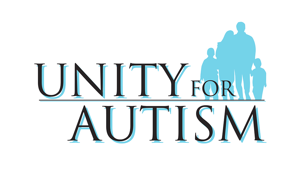 Unity for Autism Foundation logo featuring the words “Unity for Autism” in black serif lettering with light blue shadowing. A horizontal line separates the two lines of text. To the right, four light blue silhouettes stand together, showing two adults and two children.