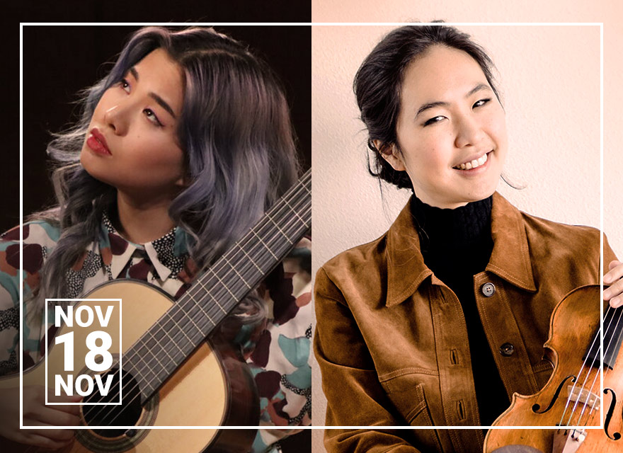 The image is a split composition featuring two musicians. On the left, a young woman with shoulder-length wavy purple-blue hair is holding a classical guitar, gazing to her right with a thoughtful expression. She is wearing a shirt with a colorful pattern. On the right, another woman with her hair tied back is smiling gently towards the viewer and holding a violin and bow. She is dressed in a black turtleneck and a brown suede blazer. There is a date block with "Nov 18" written on the bottom left corner, indicating the date of a concert.