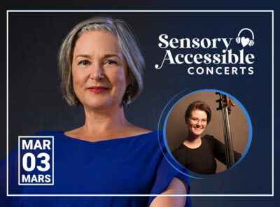 The image is a promotional poster for Sensory-Accessible Concerts. On the left, there is a portrait of pianist Jennifer King with short silver hair, wearing a blue dress and earrings, looking directly at the viewer. To the right, there's an inset circle with a smaller image of double bassist Jemma Jones with shoulder-length hair, wearing glasses and a black top, holding a double bass and smiling. The text "Sensory-Accessible Concerts" is prominently displayed at the top, and the date "Mar 03" is at the bottom left corner, with the word "Mars" below, indicating the bilingual date of the event. The background is dark with a subtle texture, putting the focus on the individuals.