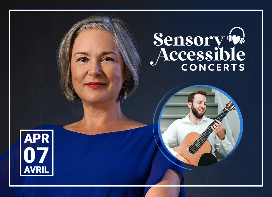 The image is a promotional graphic for "Sensory Accessible Concerts". On the left, there is a woman with short grey hair, wearing a blue dress and earrings, looking directly at the camera. On the right, there is a circular inset photo of a man playing a classical guitar, with a focused expression. Above him, the text reads "Sensory Accessible Concerts" with a logo of a heart with headphones. Below is the date "APR 07 AVRIL".