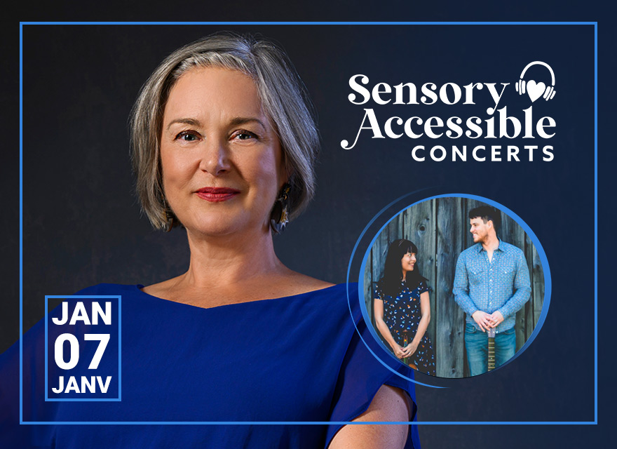 The image is a promotional graphic for "Sensory Accessible Concerts". On the left, there is a portrait of a woman with shoulder-length gray hair, wearing a blue top and earrings, looking directly at the camera. On the right, the text "Sensory Accessible Concerts" is displayed in an elegant font along with a circular inset photo. The inset features a man and a woman, both smiling and looking at each other. The man wears a blue patterned shirt and the woman wears a black dress with a floral design. They are standing against a wooden background, suggesting a casual, friendly atmosphere.