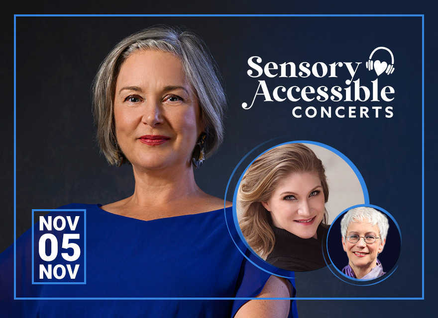 The image showcases a promotional graphic for "Sensory Accessible Concerts." It features a dark blue background with three portraits. On the left is a woman with short silver hair, dressed in a blue attire, with earrings, gazing at the camera. On the right, within a larger blue circle, is a woman with wavy blonde hair, giving a subtle smile. Within a smaller circle, positioned at the bottom right of the larger circle, is another woman with short white hair and glasses, smiling gently. At the bottom left of the image, there's a graphical depiction of a calendar marked with "NOV 05" in bold white letters. The phrase "Sensory Accessible Concerts" is written in large, cursive white font against the blue backdrop.