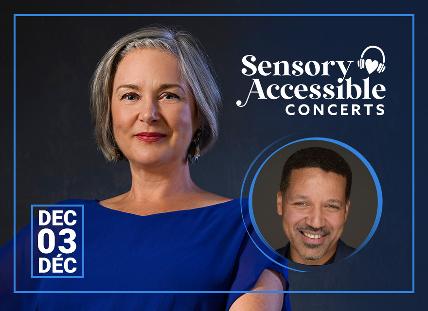 The image displays a promotional graphic for "Sensory Accessible Concerts." It has two portraits of individuals against a dark blue background. On the left is a woman with short silver hair, wearing a blue dress and red earrings, looking directly at the camera. On the right, inside a blue circle, is a man with short black hair, a mustache, and a slight beard, smiling towards the camera. At the bottom left corner, there is a graphic representation of a calendar with "DEC 03" written on it in bold white letters. The words "Sensory Accessible Concerts" are prominently displayed in white, cursive font against the blue background.