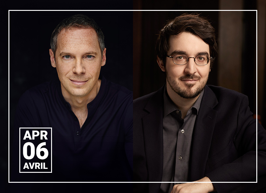 This image is a composite of two portraits side by side. On the left is the pianist David Jalbert, with a serene and direct gaze. He is photographed against a dark backdrop that emphasizes his facial features and his navy shirt. On the right is pianist Charles Richard-Hamelin, with a full beard and round glasses. His pose is relaxed and his expression is friendly, with a hint of a smile. He wears a dark blazer over a button-up shirt, creating a smart and professional appearance. Both portraits share a similar aesthetic with soft lighting that casts gentle shadows and conveys warmth, capturing the personalities of these accomplished musicians.