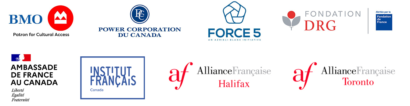 The image showcases logos of prominent sponsors and partners, including BMO (Bank of Montreal), Power Corporation of Canada, Fondation Force 5, and Fondation DRG with an additional affiliation to the Fondation de France. It also features the Alliance Française branches in Halifax and Toronto, the Embassy of France in Canada, and the French Institute – Canada.