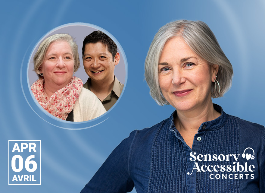 A promotional image for a Sensory Accessible Concert on April 6 features a large portrait of pianist and host Jennifer King against a blue background. She has short silver hair, wears a navy-blue blouse, and smiles warmly. In a smaller circular inset, vibraphonist Erin Donovan and flautist Jack Chen are pictured together; Erin has short gray hair, wears a light-colored cardigan and a red patterned scarf, while Jack has short dark hair and wears a dark collared shirt. The event date "APR 06 AVRIL" is displayed in a white box, and a sensory accessibility rating scale with red to green bars is visible. The "Sensory Accessible Concerts" logo, including an icon of an ear with sound waves, is positioned in the lower right corner.
