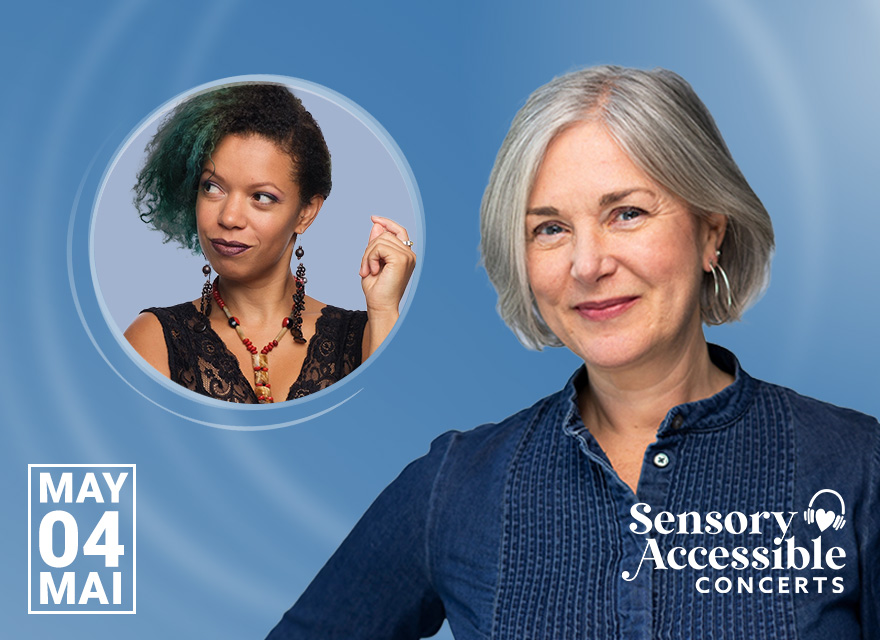 A promotional image for a Sensory-Accessible Concerts performance on May 4th. The background is a gradient of blue shades. On the left, there is a circular photo of soprano Nicole Jordan with green hair, wearing a black lace top and red beaded jewelry, posing with a hand near their face. On the right, pianist Jennifer King with short gray hair is wearing a blue denim shirt and smiling. Text on the image reads "MAY 04" in a white box with colorful bars above it, and "Sensory Accessible CONCERTS" in white with a headphone icon.