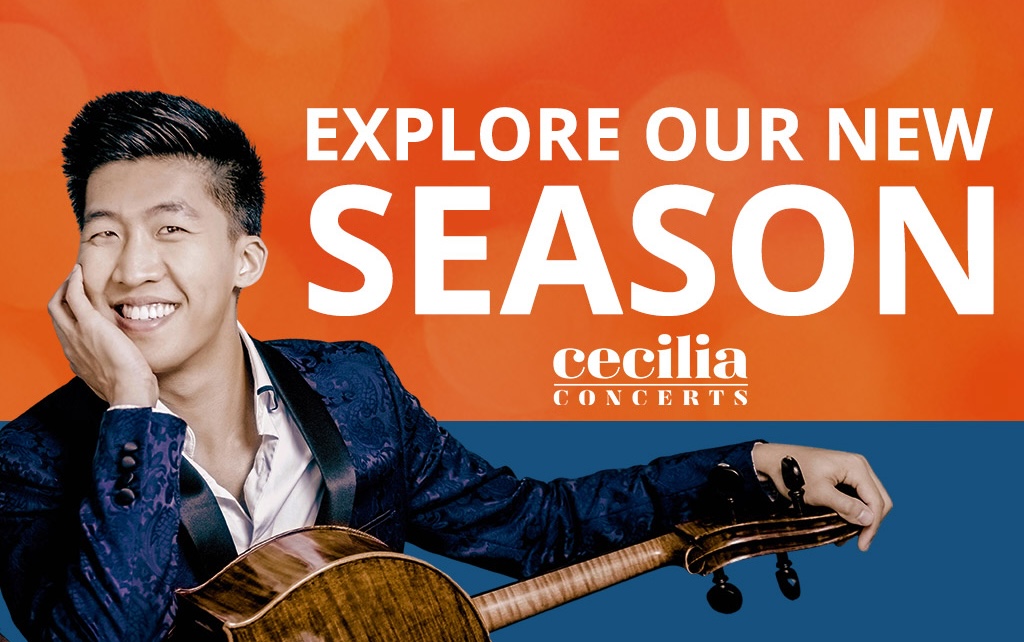 Promotional banner for a classical music season launch featuring smiling cellist Bryan Cheng holding his cello. Text reads: 'Explore Our New Season' followed by the Cecilia Concerts logo and 'Cellist Bryan Cheng, 2025/26 Musician-in-Residence.' The background has a gradient of orange and blue tones.