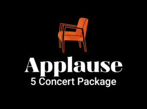 Logo for the Applause 5 Concert Package featuring an abstract, multicoloured outline of a chair above the text 'Applause 5 Concert Package' on a black background.