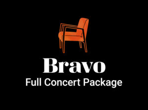 A graphic promoting the Bravo and Bravo Premium concert packages features an orange modern armchair illustration centered against a dark background. Beneath the chair, bold white text reads “Bravo” with “& Bravo Premium” in a smaller font below. The image conveys comfort, exclusivity, and a premium concert experience.