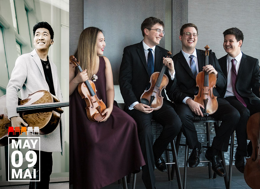A promotional image features a classical cellist and a string quartet. On the left, a smiling young man with a cello wears a light grey coat and stands in front of large windows. On the right, four members of a string quartet are seated indoors, laughing and holding their instruments. From left to right: a woman in a burgundy gown holding a violin, and three men in dark suits, two with violins and one with a viola. Everyone appears relaxed and joyful. In the bottom left corner, white text reads "MAY 09 MAI."