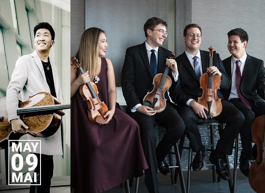 A promotional image features a classical cellist and a string quartet. On the left, a smiling young man with a cello wears a light grey coat and stands in front of large windows. On the right, four members of a string quartet are seated indoors, laughing and holding their instruments. From left to right: a woman in a burgundy gown holding a violin, and three men in dark suits, two with violins and one with a viola. Everyone appears relaxed and joyful. In the bottom left corner, white text reads "MAY 09 MAI."