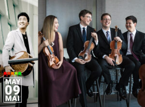 A promotional image features a classical cellist and a string quartet. On the left, a smiling young man with a cello wears a light grey coat and stands in front of large windows. On the right, four members of a string quartet are seated indoors, laughing and holding their instruments. From left to right: a woman in a burgundy gown holding a violin, and three men in dark suits, two with violins and one with a viola. Everyone appears relaxed and joyful.