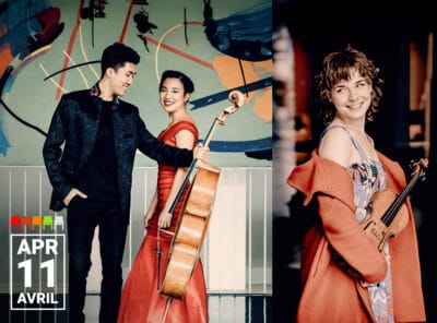 The image is split into two sections. On the left, two people stand against a colourful abstract background with bold shapes in blue, orange, and black. One person is dressed in a black suit with a patterned collar, while the other wears a flowing red dress and holds a cello. Text in the bottom left corner reads "APR 11 AVRIL" in white on a black background. On the right, a person with curly hair wears a floral-patterned dress and an orange coat, holding a violin against a dark background. The overall mood suggests a promotional poster for a musical event.