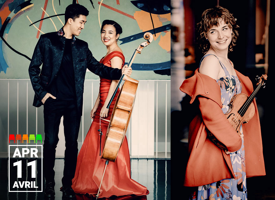 The image is split into two sections. On the left, two people stand against a colourful abstract background with bold shapes in blue, orange, and black. One person is dressed in a black suit with a patterned collar, while the other wears a flowing red dress and holds a cello. Text in the bottom left corner reads "APR 11 AVRIL" in white on a black background. On the right, a person with curly hair wears a floral-patterned dress and an orange coat, holding a violin against a dark background. The overall mood suggests a promotional poster for a musical event.