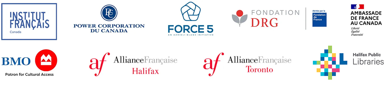 A collection of partner logos for a concert, including: Institut Français Canada, Power Corporation du Canada, FORCE 5 (an Azrieli-Blanc initiative), Fondation DRG, Fondation de France, the Embassy of France in Canada, BMO (Patron for Cultural Access), Alliance Française Halifax, Alliance Française Toronto, and Halifax Public Libraries.