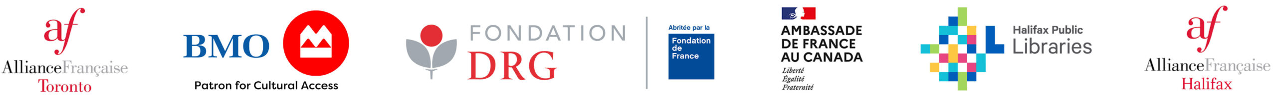 Logos for Alliance Française Toronto, BMO Patron for Cultural Access, Fondation DRG, Fondation de France, the Embassy of France in Canada, Halifax Public Libraries, and Alliance Française Halifax displayed in a horizontal row. 