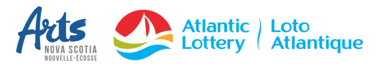 Logos of two organizations. On the left, the Arts Nova Scotia logo shows the word “Arts” in large blue script above “Nova Scotia Nouvelle-Écosse” in grey uppercase letters. On the right, the Atlantic Lottery logo features a stylized red sailboat above green, blue, and orange waves, with the text “Atlantic Lottery / Loto Atlantique” in blue letters.