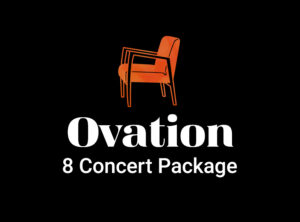 Logo for the Ovation 8 Concert Package featuring an abstract, multicoloured outline of a chair above the text 'Ovation 8 Concert Package' on a black background.