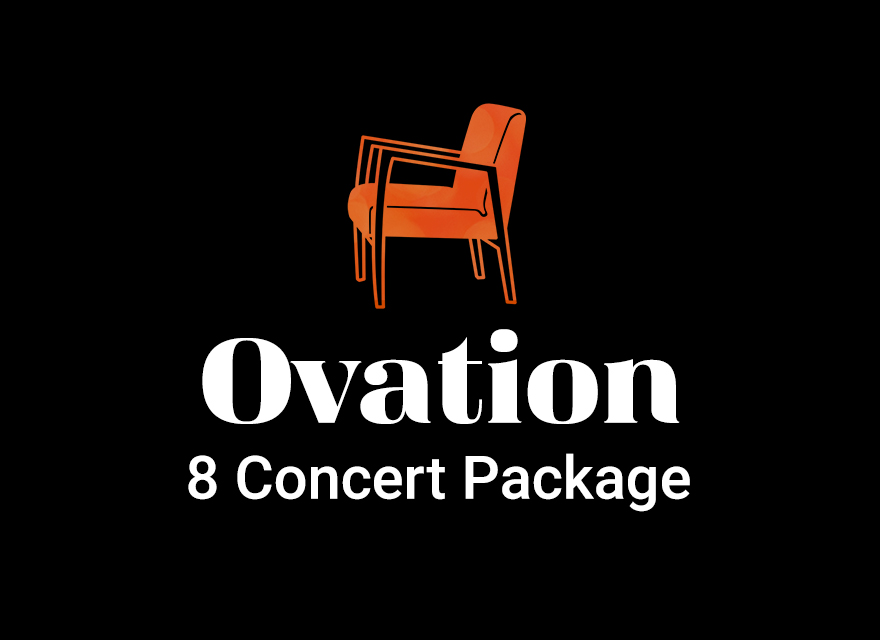 Logo for the Ovation 8 Concert Package featuring an abstract, multicoloured outline of a chair above the text 'Ovation 8 Concert Package' on a black background.