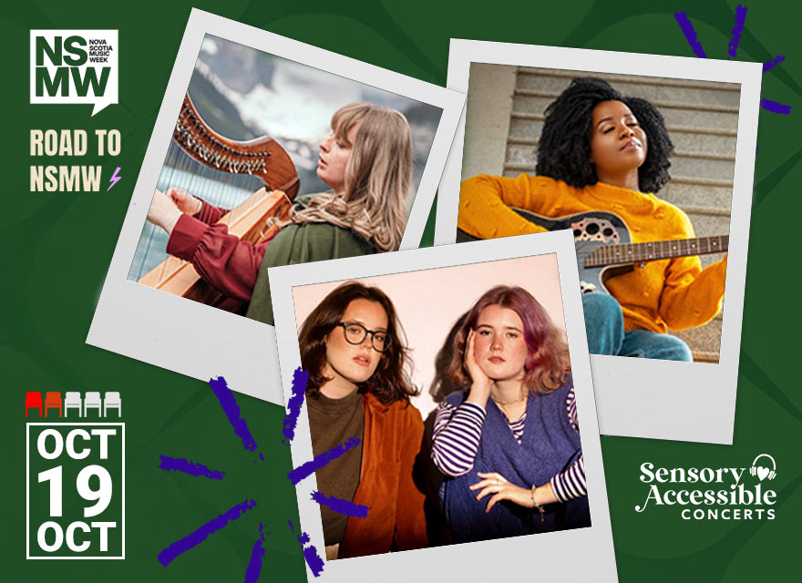 Promotional image for Cecilia Concerts’ Sensory-Accessible Concerts, part of the Road to Nova Scotia Music Week. Features three photos: Adria Jackson playing harp, Blessing Tangban playing guitar, and duo Moira & Claire sitting together. Text includes “OCT 19” and “Sensory-Accessible Concerts.”