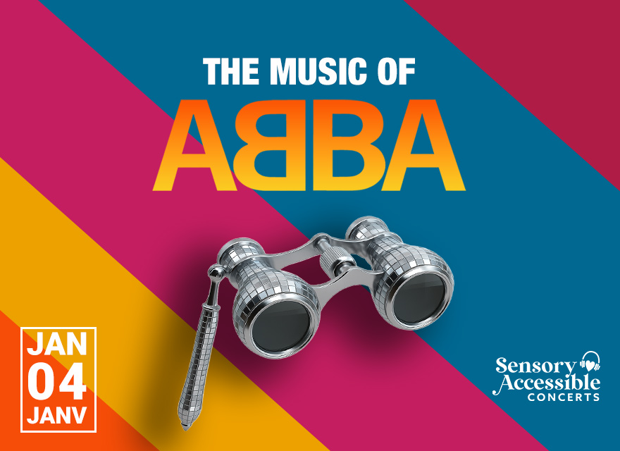 Promotional image for Cecilia Concerts’ Sensory-Accessible Concerts event “The Music of ABBA,” featuring colorful diagonal stripes in pink, orange, and blue. At the center, the title “THE MUSIC OF ABBA” appears in bold white and yellow text above a shiny pair of disco-inspired silver opera glasses. In the bottom left corner, the date “JAN 04” is displayed, and the Sensory-Accessible Concerts logo is in the bottom right corner.