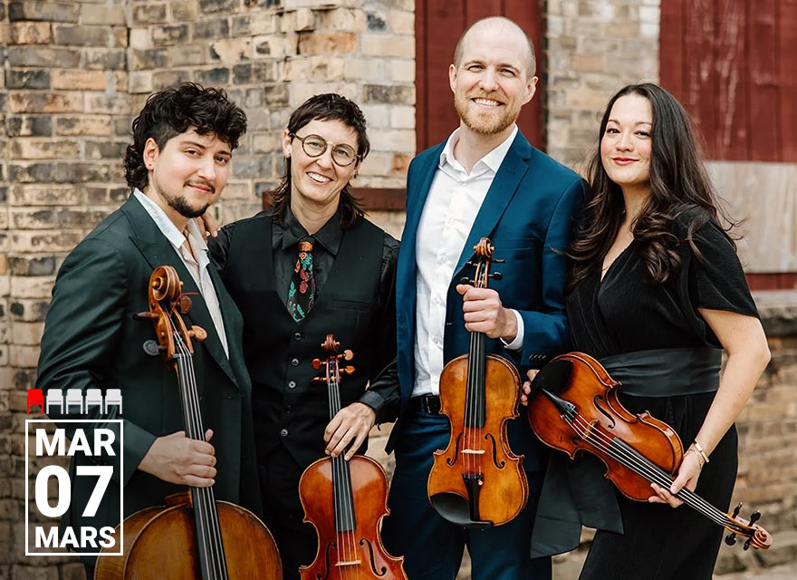 The Thalea String Quartet stands together outdoors in front of a weathered brick wall. All four musicians smile at the camera while holding their instruments. Two hold violins, one holds a viola, and one holds a cello. A small graphic in the corner shows the concert date of March 7 in English and French.