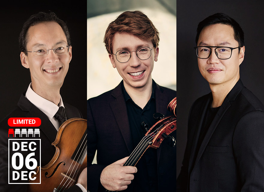 From left to right: a smiling man in a black suit holding a violin, a smiling man with red hair and glasses holding a cello, and a smiling man in a black suit and glasses. The date "Dec 06" is displayed in bold white text on the bottom left.