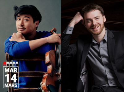 Side-by-side promotional portrait of violinist and vocalist Charles Yang and pianist Peter Dugan. On the left, Charles Yang leans across the back of a wooden chair in a bright blue sweater, with a violin resting beside him. On the right, Peter Dugan sits in a dark suit with one arm resting against his head, smiling toward the camera. A date graphic in the lower left reads “Mar 14 / Mars.”