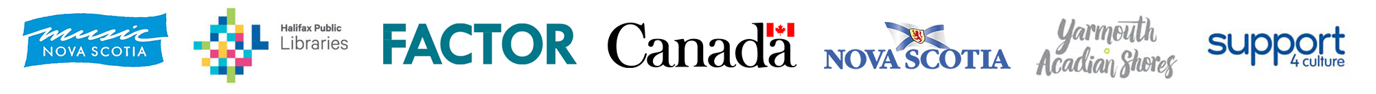 The image shows a row of sponsor logos: Music Nova Scotia in white script on a blue background, Halifax Public Libraries with a colorful mosaic “H,” FACTOR in bold teal letters, Government of Canada with a small flag, Province of Nova Scotia with its blue and gold flag, Yarmouth & Acadian Shores in gray script, and Support4Culture in blue text.