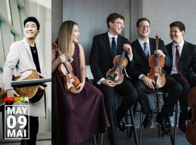 A promotional image features a classical cellist and a string quartet. On the left, a smiling young man with a cello wears a light grey coat and stands in front of large windows. On the right, four members of a string quartet are seated indoors, laughing and holding their instruments. From left to right: a woman in a burgundy gown holding a violin, and three men in dark suits, two with violins and one with a viola. Everyone appears relaxed and joyful. In the bottom left corner, white text reads "MAY 09 MAI."