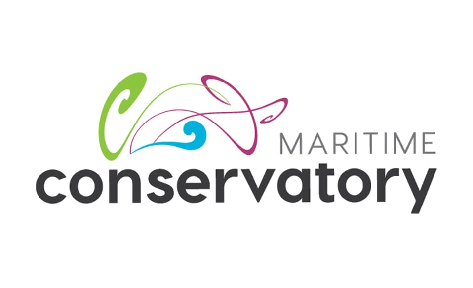 The word “conservatory” in bold black lowercase letters, with “Maritime” in gray uppercase letters above. A swirl of green, pink, and blue lines form an abstract design above the text.
