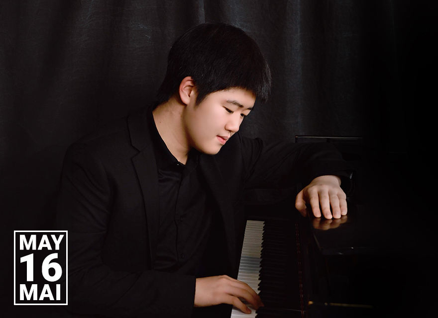 Promotional image of pianist Alex Yang seated at a grand piano in dark concert attire, looking down toward the keys against a black backdrop. At left, a graphic reads “MAY 16 / MAI 16” with a row of multicoloured chair icons above it.