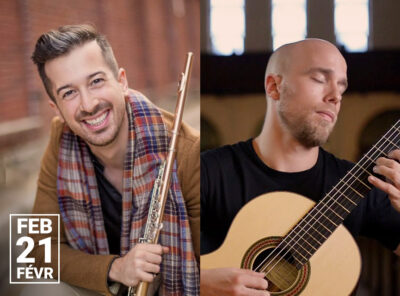Promotional image for a concert featuring flautist Christian Paquette and guitarist Steve Cowan. On the left, Christian Paquette is smiling warmly, holding a flute, and wearing a brown coat and multicolored plaid scarf against a blurred brick wall background. On the right, Steve Cowan is shown mid-performance, eyes closed, playing a classical guitar with a focused expression. The date "FEB 11 / FÉVR" is displayed in white text on a black square in the bottom left corner.