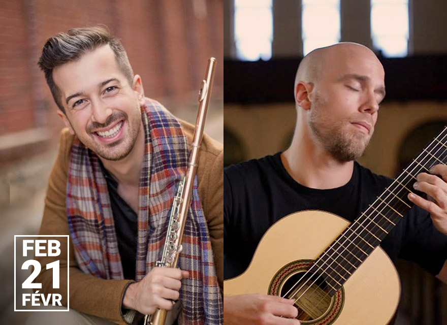 Promotional image for a concert featuring flautist Christian Paquette and guitarist Steve Cowan. On the left, Christian Paquette is smiling warmly, holding a flute, and wearing a brown coat and multicolored plaid scarf against a blurred brick wall background. On the right, Steve Cowan is shown mid-performance, eyes closed, playing a classical guitar with a focused expression. The date "FEB 11 / FÉVR" is displayed in white text on a black square in the bottom left corner.