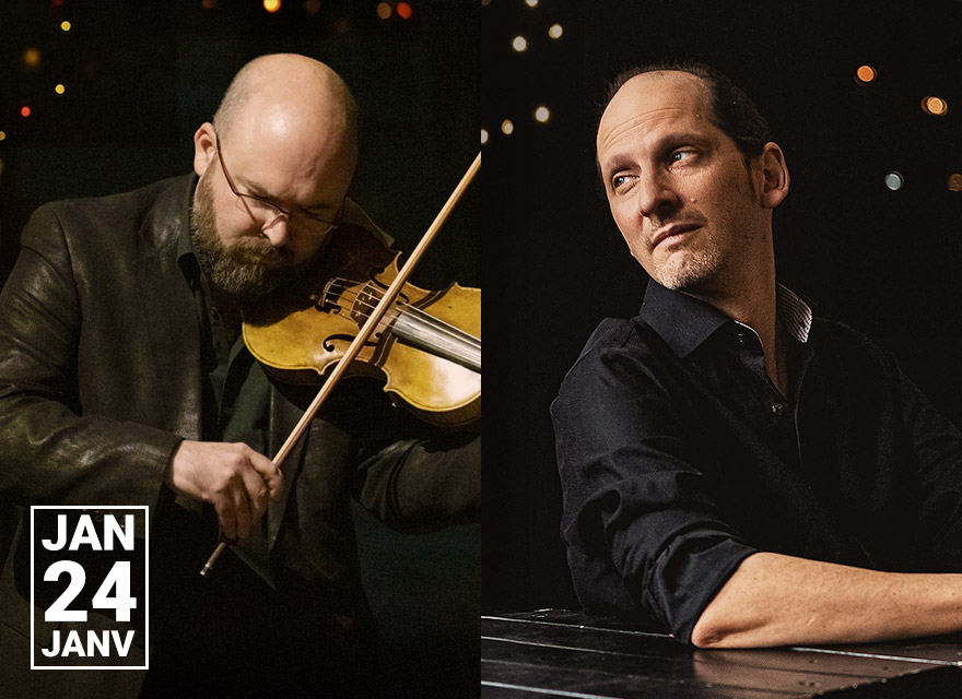 A promotional image features two classical musicians. On the left, a bald man with glasses and a beard wears a dark leather jacket and plays the violin with a focused expression. On the right, another man with short hair and a receding hairline wears a dark shirt and sits at a piano, gazing thoughtfully to the side. Both are set against a dark background with soft, out-of-focus lights. In the bottom left corner, white text reads "JAN 24 JANV."