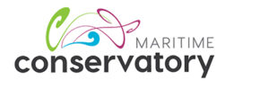 Logo of the Maritime Conservatory of Performing Arts featuring the word “Conservatory” in bold black lowercase letters with “Maritime” in smaller gray uppercase text above it. Abstract swirl designs in green, pink, and blue appear above the text.