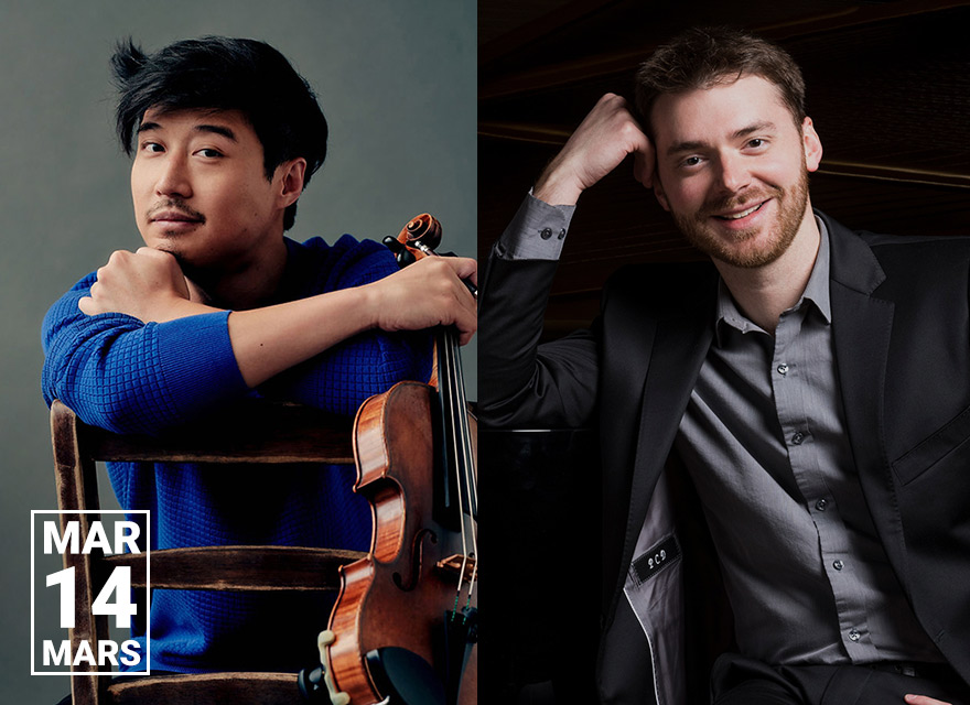 Side-by-side promotional portrait of violinist and vocalist Charles Yang and pianist Peter Dugan. On the left, Charles Yang leans across the back of a wooden chair in a bright blue sweater, with a violin resting beside him. On the right, Peter Dugan sits in a dark suit with one arm resting against his head, smiling toward the camera. A date graphic in the lower left reads “Mar 14 / Mars.”