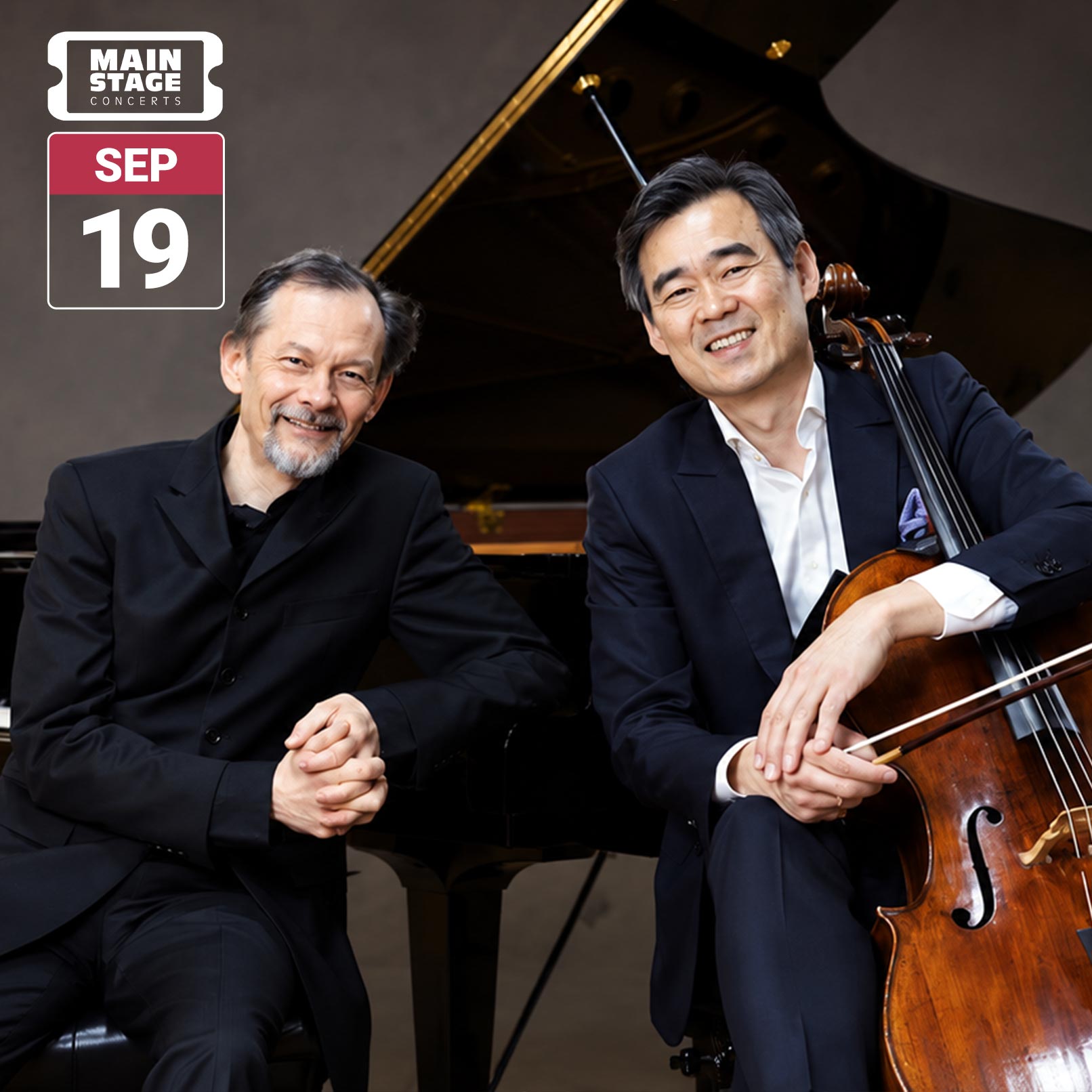 Cellist Sung-Won Yang and pianist Enrico Pace smile beside a grand piano, with Yang holding his cello. A graphic marks the Main Stage concert date, September 19.