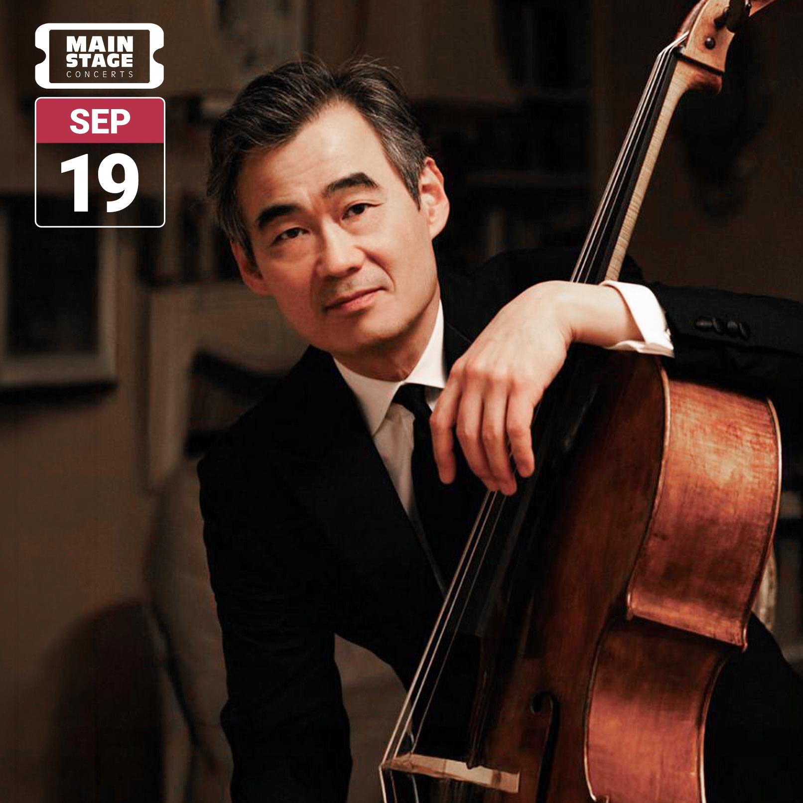 Cellist Sung-Won Yang sits beside his cello in a warm, dimly lit portrait, wearing a dark formal suit and looking slightly off-camera. The image includes the Main Stage Concerts logo and a date badge reading September 19.