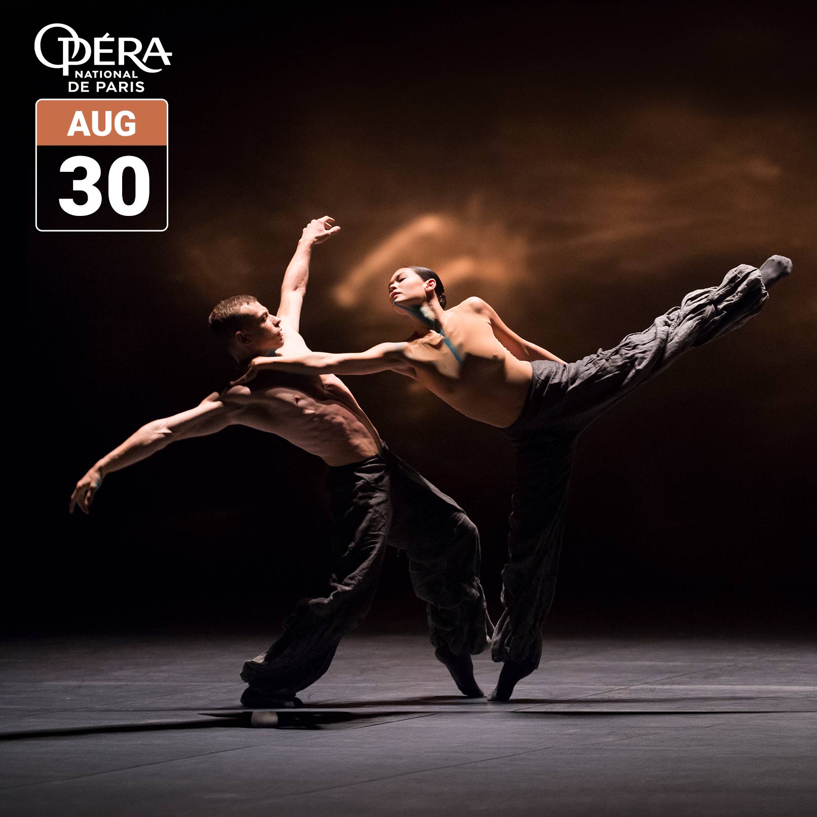 Two dancers from a Balanchine/Béjart/Pite ballet screening perform a dramatic duet on a dark stage, wearing loose black pants under warm theatrical lighting. The image includes the Opéra national de Paris logo and a date badge reading August 30.