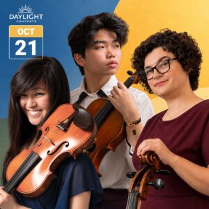 Promotional image for Cecilia Concerts’ Daylight Concerts featuring violinist Charna Matsushige, violist Ryan Vis, and cellist Rachel Desoer with their instruments against a bright blue, yellow, and olive abstract background. The Daylight Concerts logo and October 21 date appear at upper left.