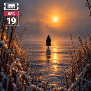 A solitary figure in a dark coat stands on a frozen landscape at sunset, surrounded by frost-covered grasses. Warm golden light reflects across the ice beneath a glowing sun and misty winter sky. A graphic in the upper left reads “Main Stage Concerts” and “DEC 19.”