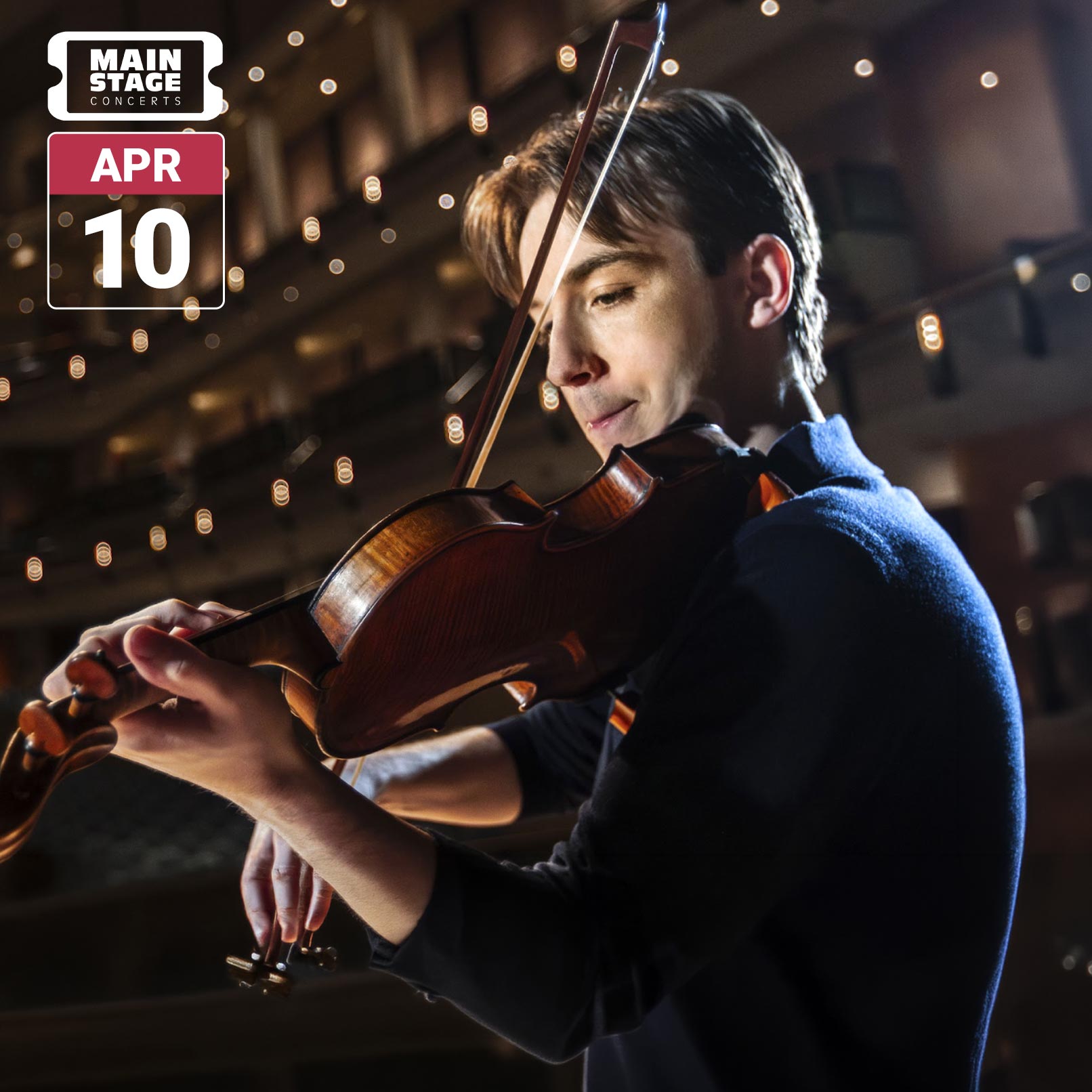 Violinist Jacques Forestier plays his violin in a warmly lit concert hall, with soft lights in the background. The image includes the Main Stage Concerts logo and a date badge reading April 10.