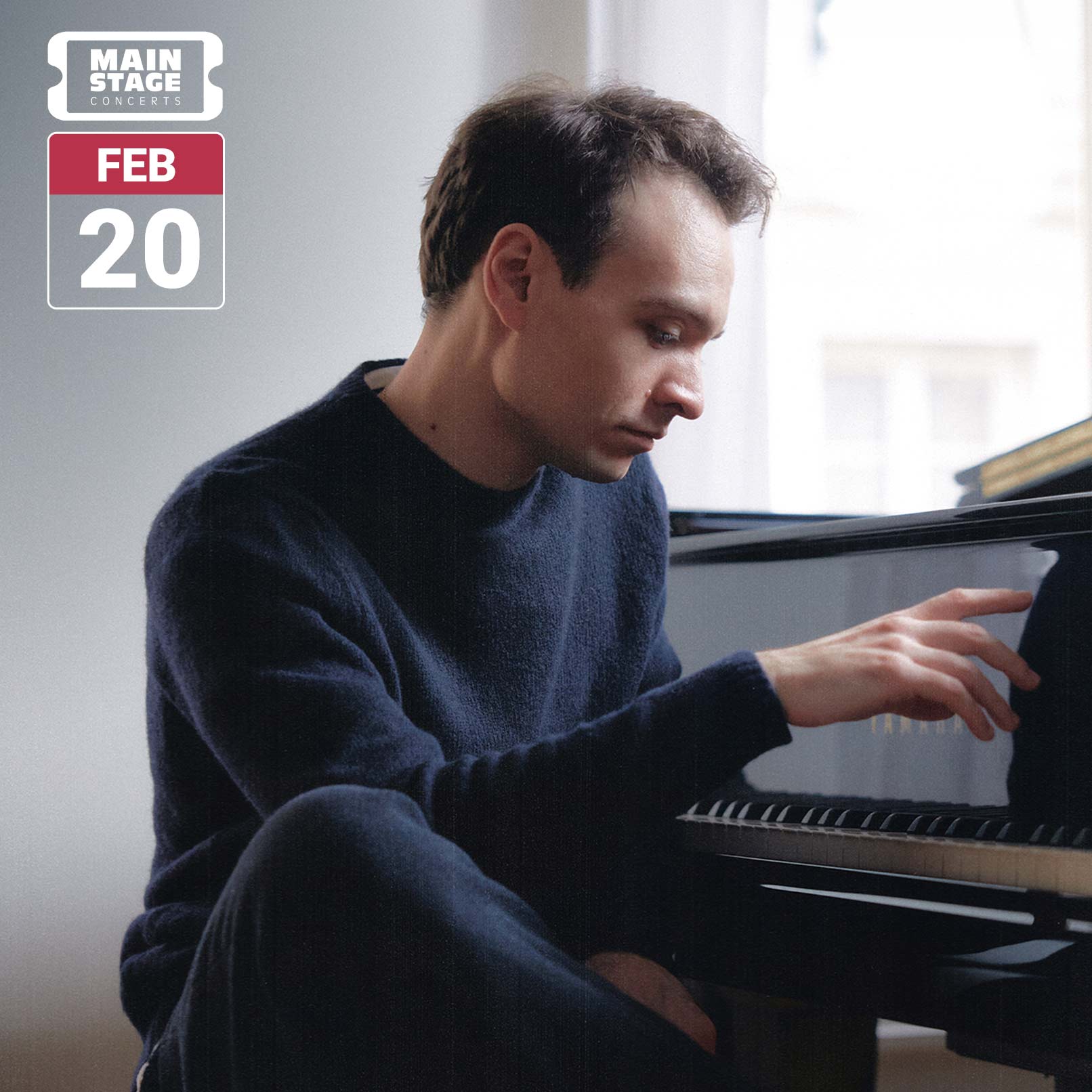 Pianist Jonathan Fournel sits at a grand piano in a softly lit room, reaching toward the keyboard in profile. The image includes the Main Stage Concerts logo and a date badge reading February 20.