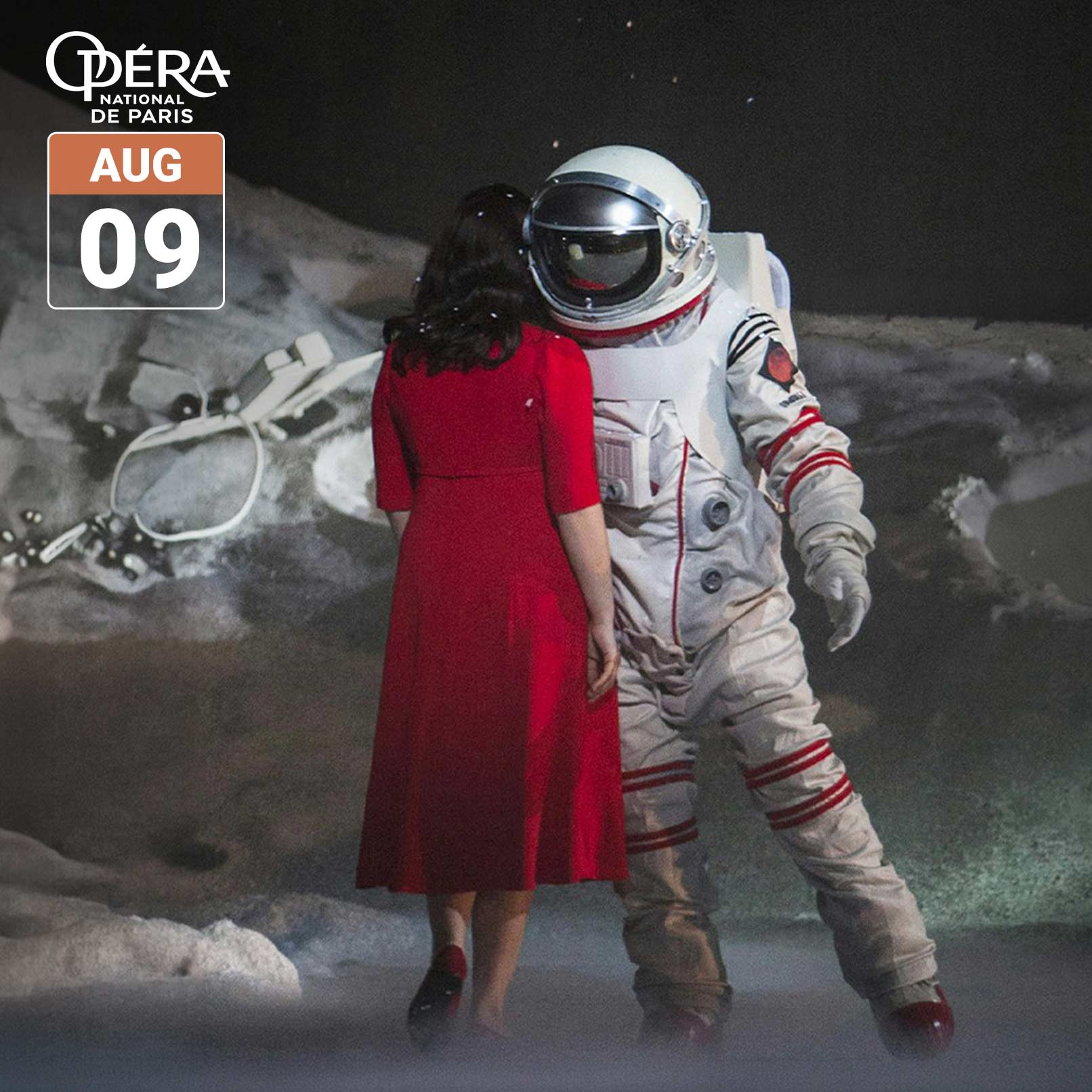 A scene from Opéra national de Paris’ “La Bohème” shows a woman in a red dress standing face-to-face with an astronaut on a moonlike stage set. The image includes the Opéra national de Paris logo and a date badge reading August 9.