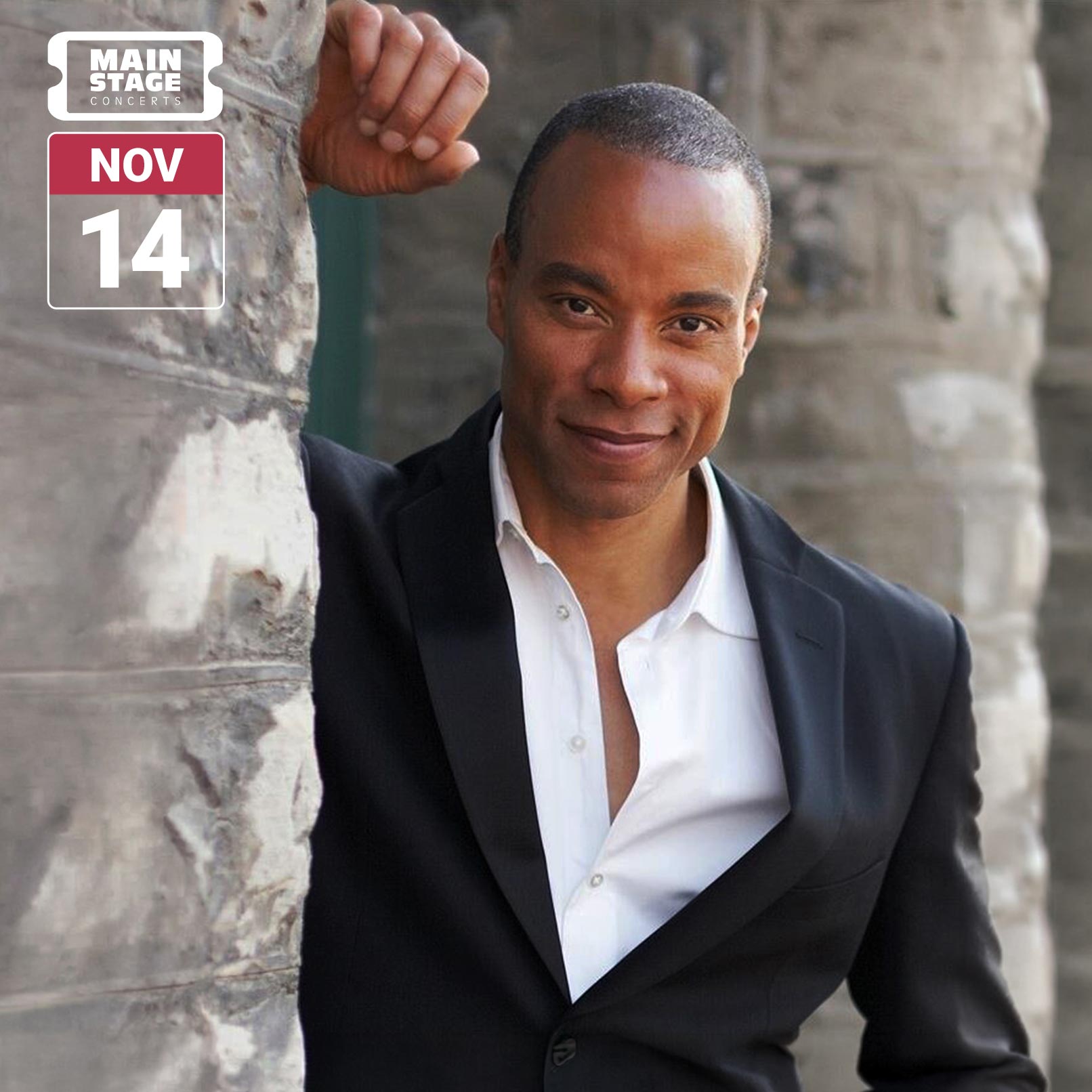 Baritone Marcus Nance leans against a stone wall in a black jacket and white shirt, looking directly at the camera. The image includes the Main Stage Concerts logo and a date badge reading November 14.