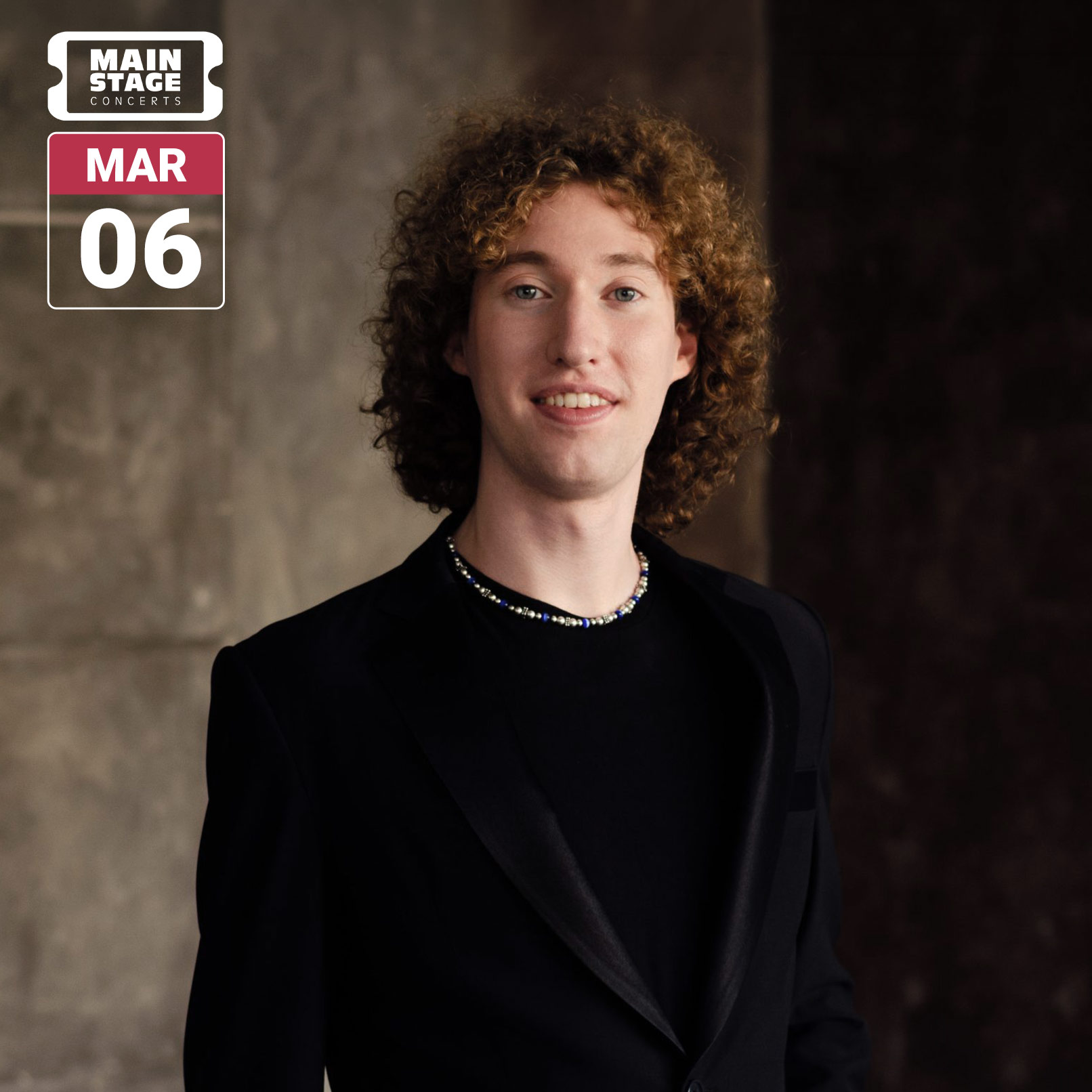 Pianist Michael Davidman stands against a taupe background in a studio portrait, looking at the camera with a slight smile. The image includes the Main Stage Concerts logo and a date badge reading March 6.