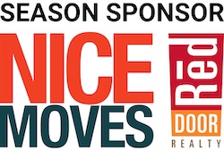 Season Sponsor logo featuring Nice Moves in bold orange-red and dark teal lettering, alongside the Red Door Realty logo in red, orange, and white, on a white background.