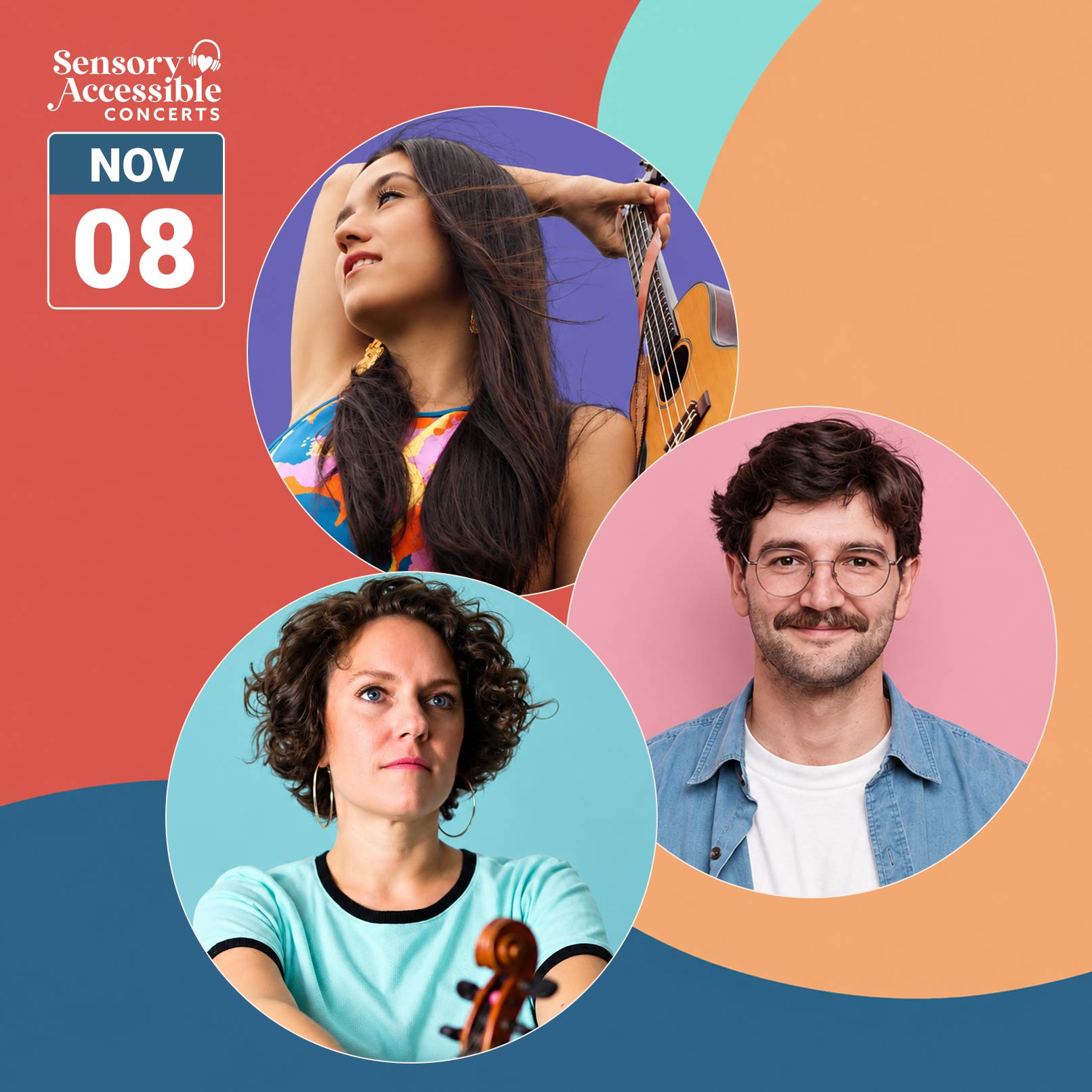 Square promotional graphic for Cecilia Concerts’ Sensory-Accessible Concerts on November 8. Three overlapping circular portraits feature Serena Wu at the top, holding a guitar against a purple background; Mat Hughes on the right, wearing glasses and a blue shirt against a pink background; and violinist Gina Burgess at the bottom left against a turquoise background. Bright coral-red, peach, mint, and deep blue shapes form the colourful backdrop, with the white Sensory-Accessible Concerts logo and November 8 date in the upper left.